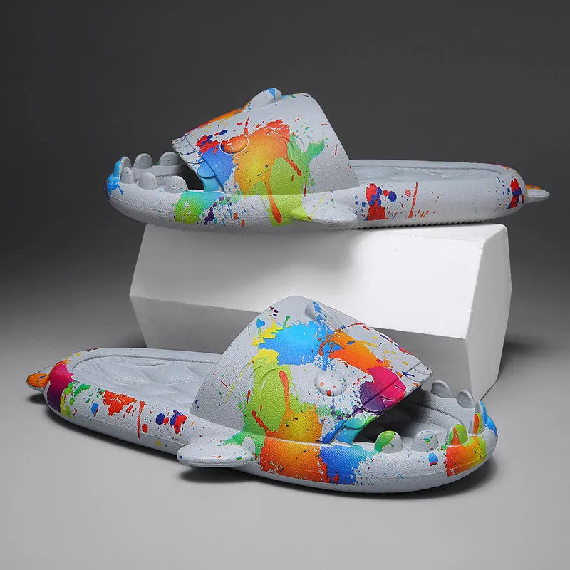 Open toe home slippers with shark design in soft EVA material, shown in multiple colour options.