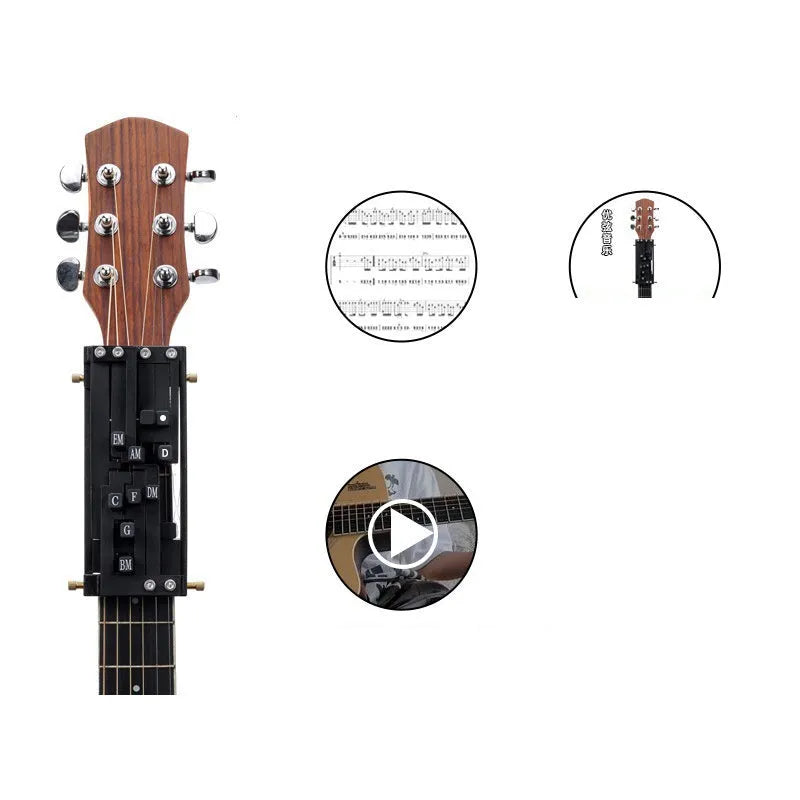 Black automatic guitar chord changing device for folk music beginners on a guitar neck.