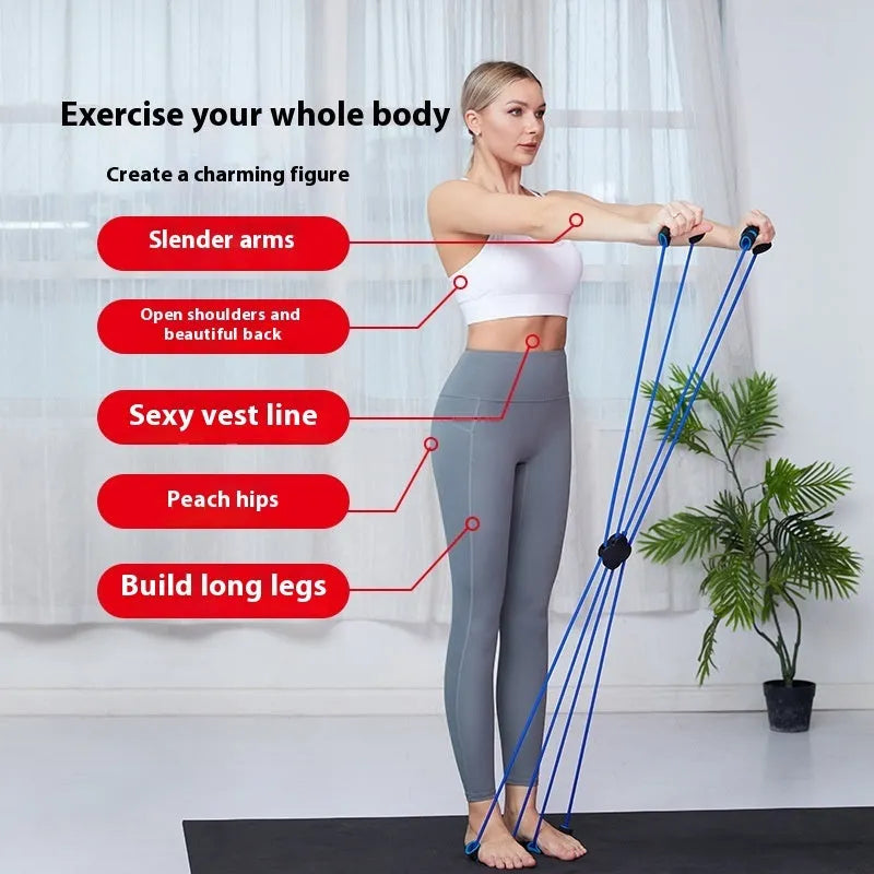 Blue eight-character shoulder puller resistance band with cross-tension device for female fitness training