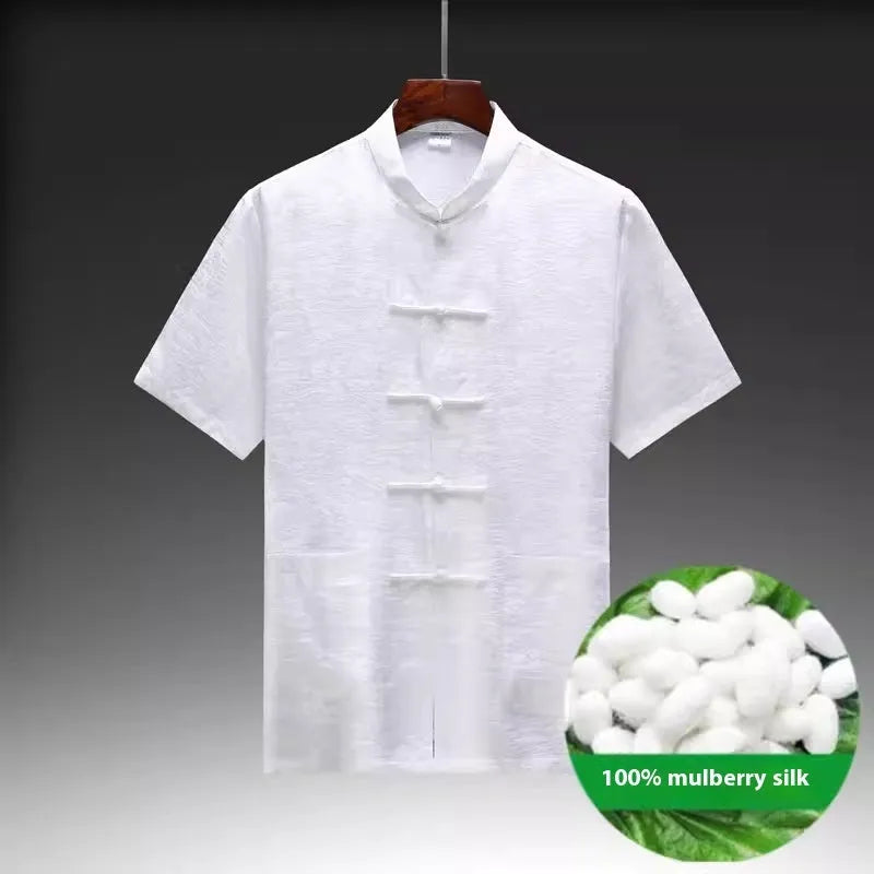Men's traditional Chinese Tang suit in mulberry silk fabric available in light green, navy, and white colours