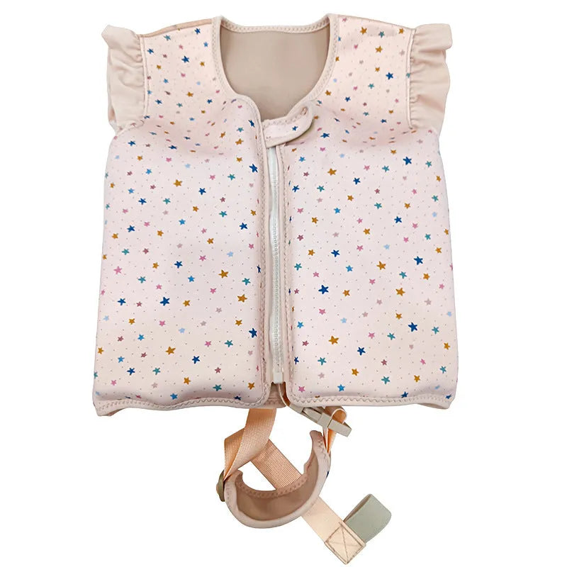 Children's foam swim vest in buoyancy vest pink strawberry colour, flower print pattern, nylon construction for swimming auxiliary