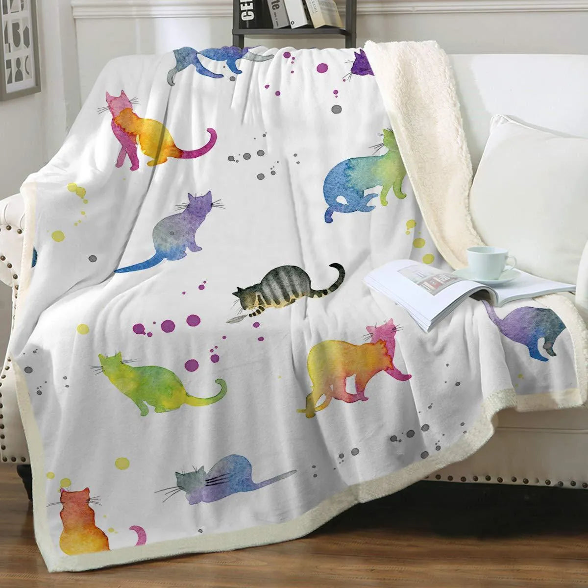 Cat sherpa blanket with animal pattern printing double layer children polyester fibre throw in multiple colours and sizes