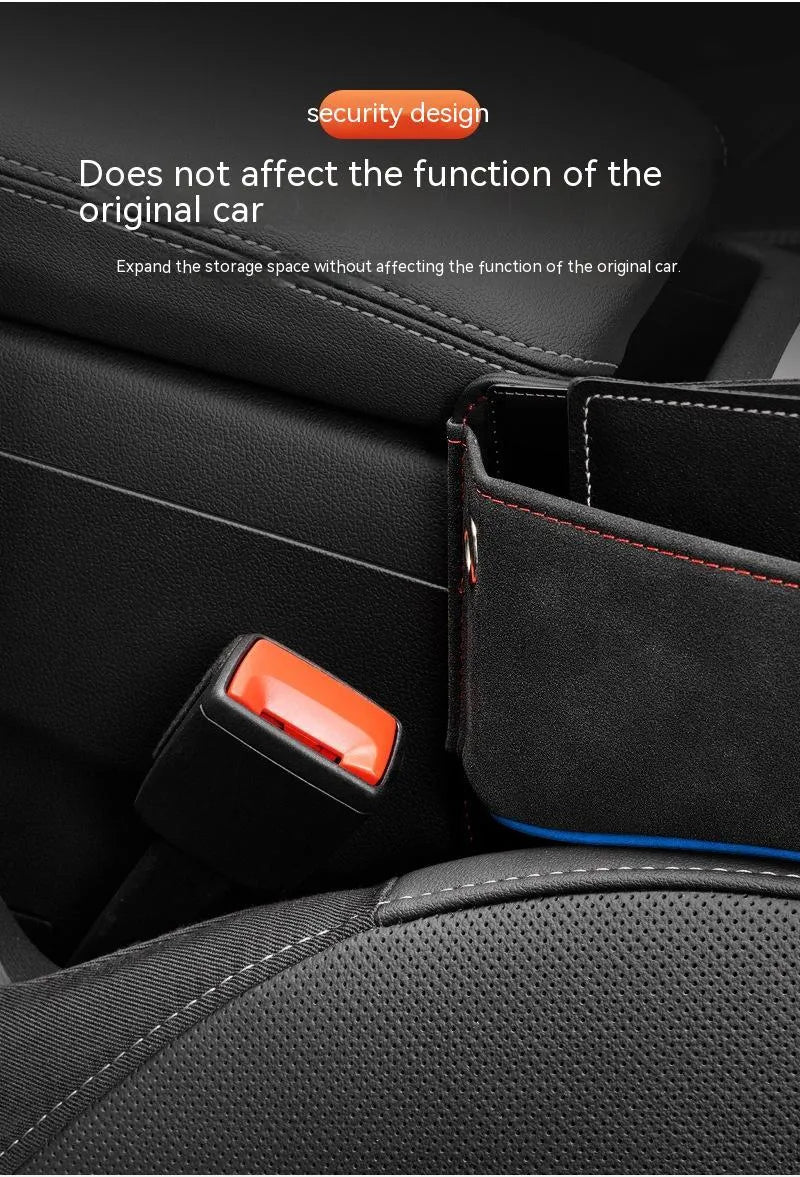 Leather car seat storage organiser box shown in a beige suede colour finish.