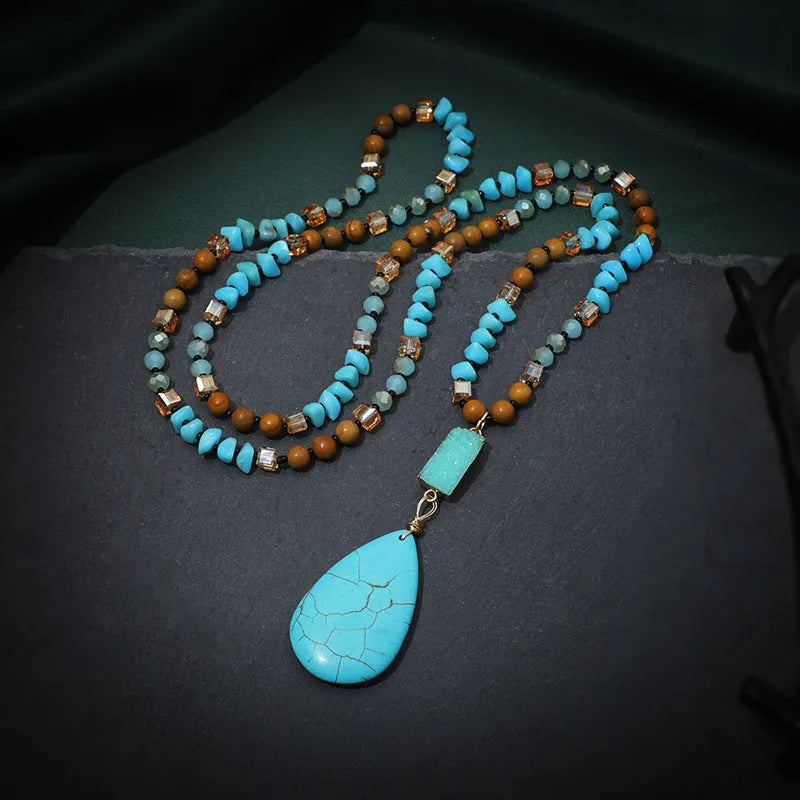 Turquoise blue imitation mineral pendant necklace with geometric design on adjustable ball bead chain