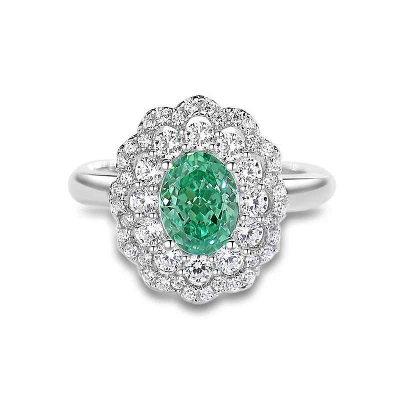 S925 sterling silver geometric ring with an inlaid emerald stone and high carbon diamond.