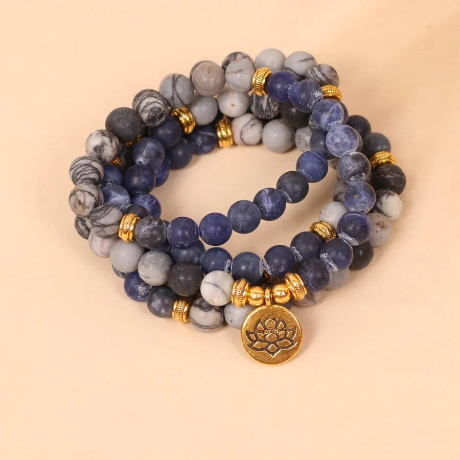 Blue patterned network stone bead multi layer bracelet with adjustable alloy clasp