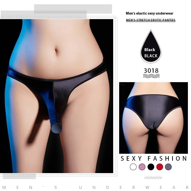 Men's low waist T-back underwear in shiny nylon fabric shown in multiple colours