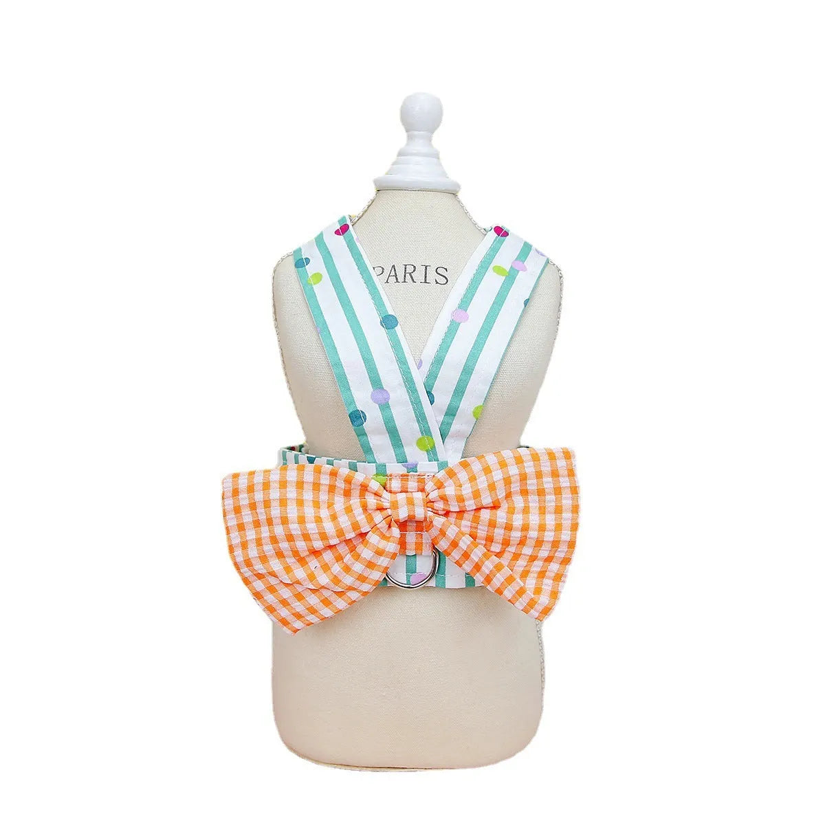 Cotton pet clothing with vertical bar bow on chest and back, shown in green, orange and blue stripes, sizes S to XXL
