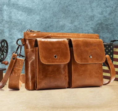 Genuine leather crossbody bag for men in solid black colour with adjustable shoulder strap