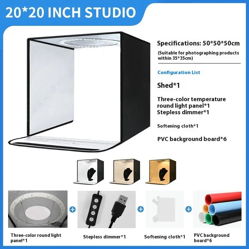 50cm studio light box with USB plug and three-colour temperature light board folded for storage.