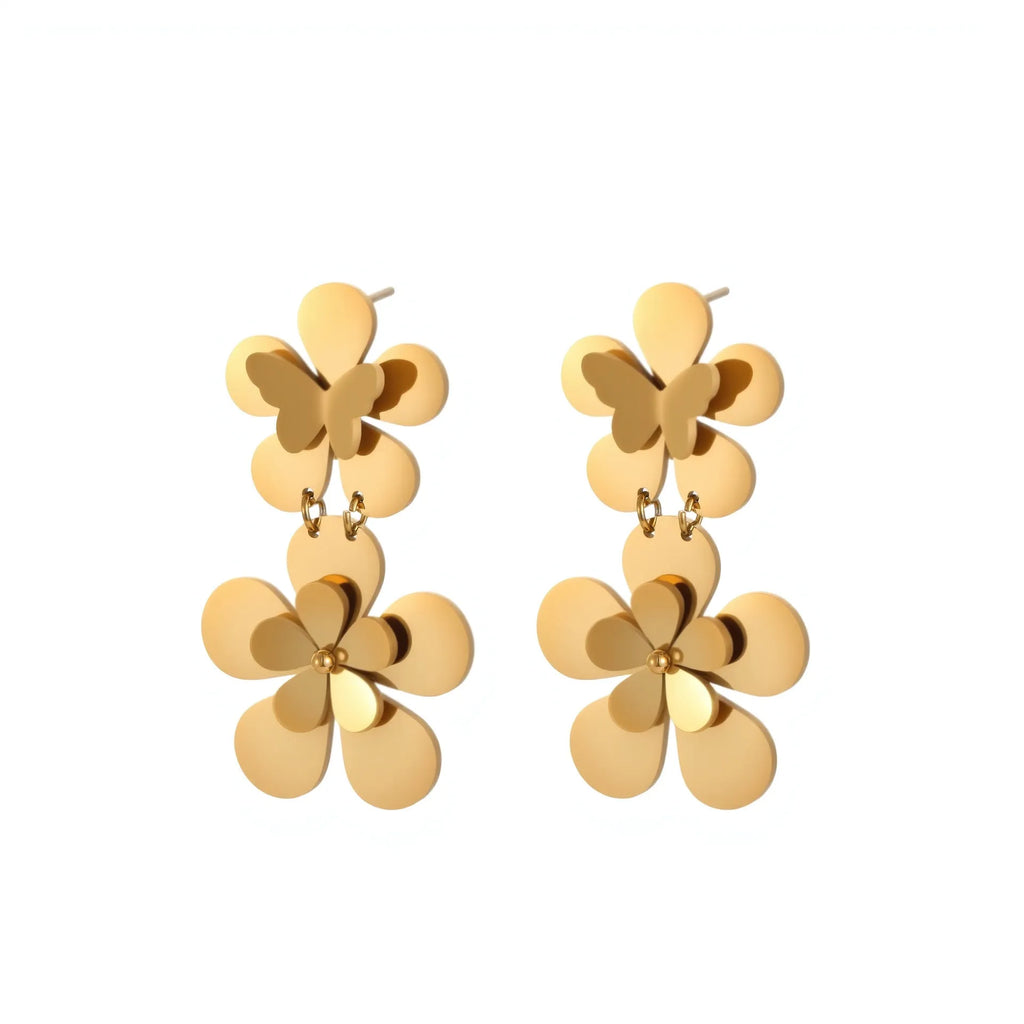 Gold flower butterfly stainless steel dangle earrings for women with 18K electroplating