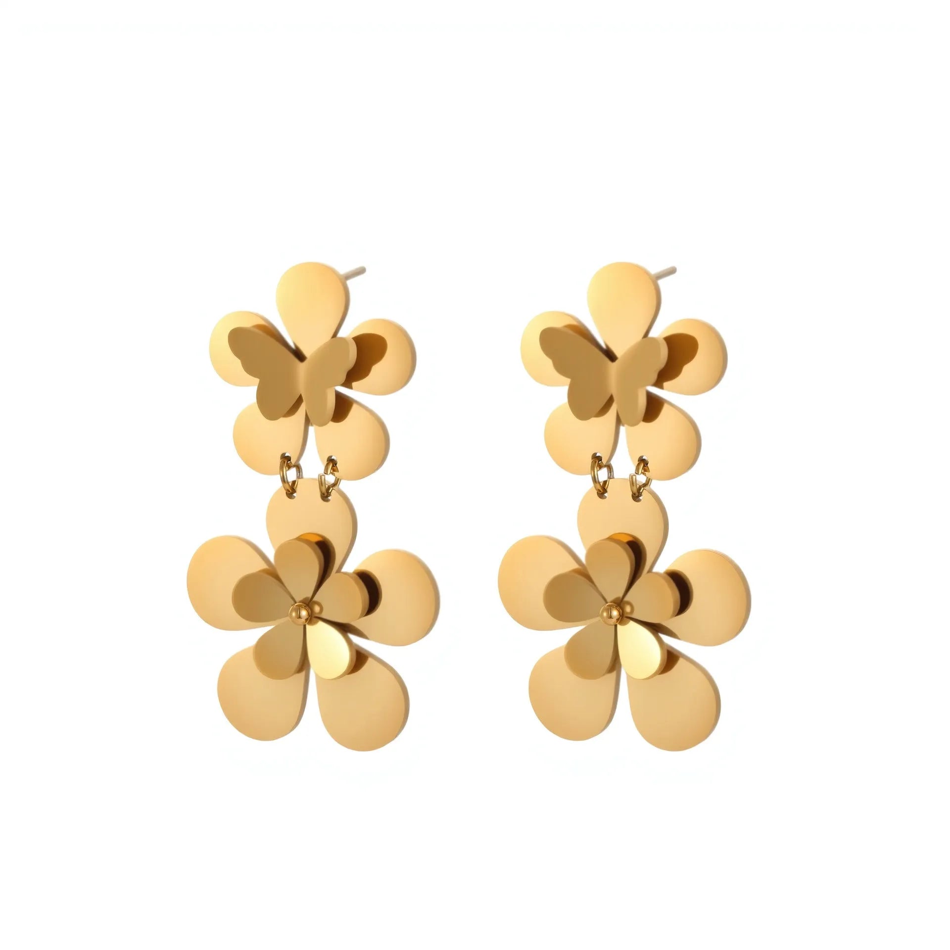 Gold flower butterfly stainless steel dangle earrings for women with 18K electroplating