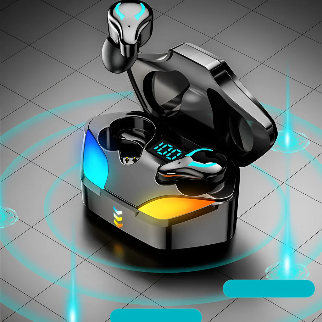 Black in-ear Bluetooth gaming headset with microphone, shown with a smartphone displaying a game.