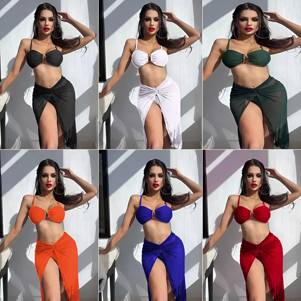 Women's multicolour French-style three-piece swimwear set with bikini and long culottes