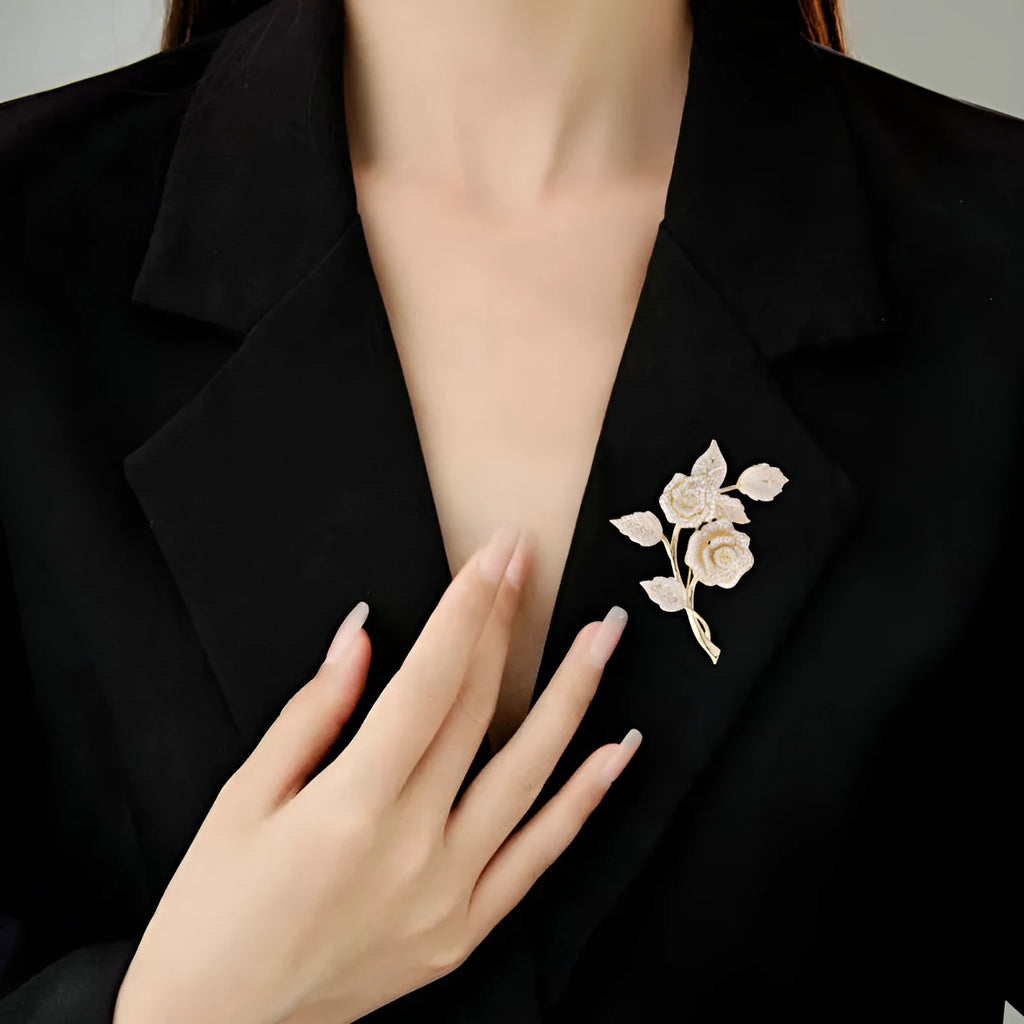 Micro inlaid zircon rose brooch with crystal rhinestone finish, two style options available