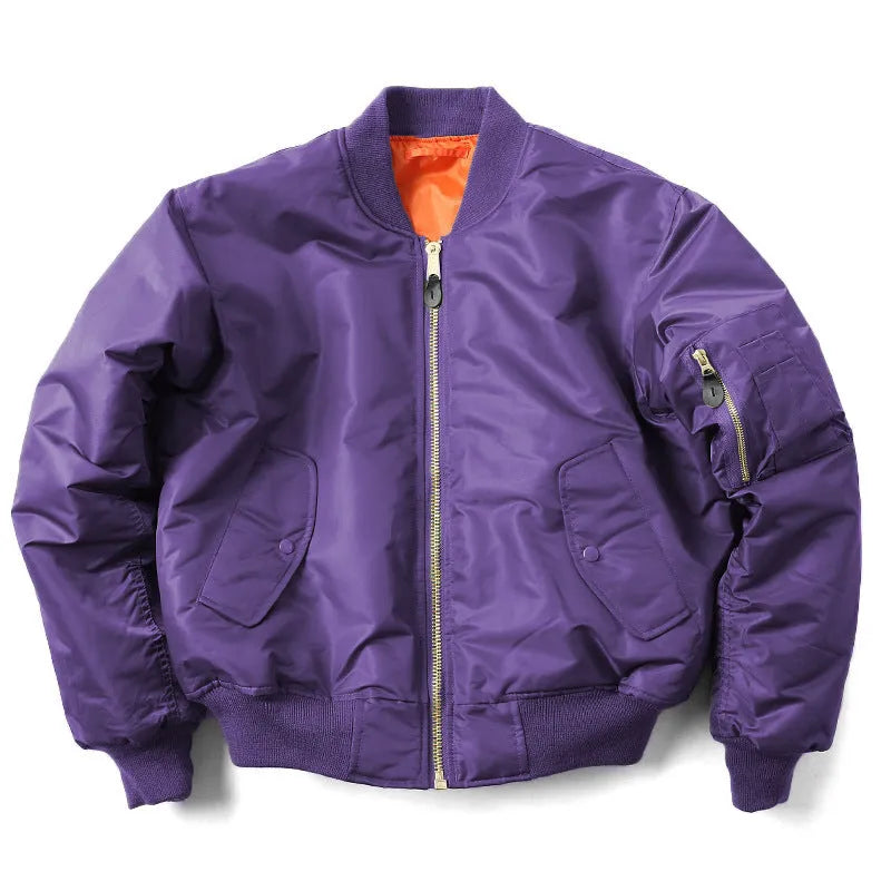Men's army green loose fit nylon pilot jacket with cotton padding on a hanger.