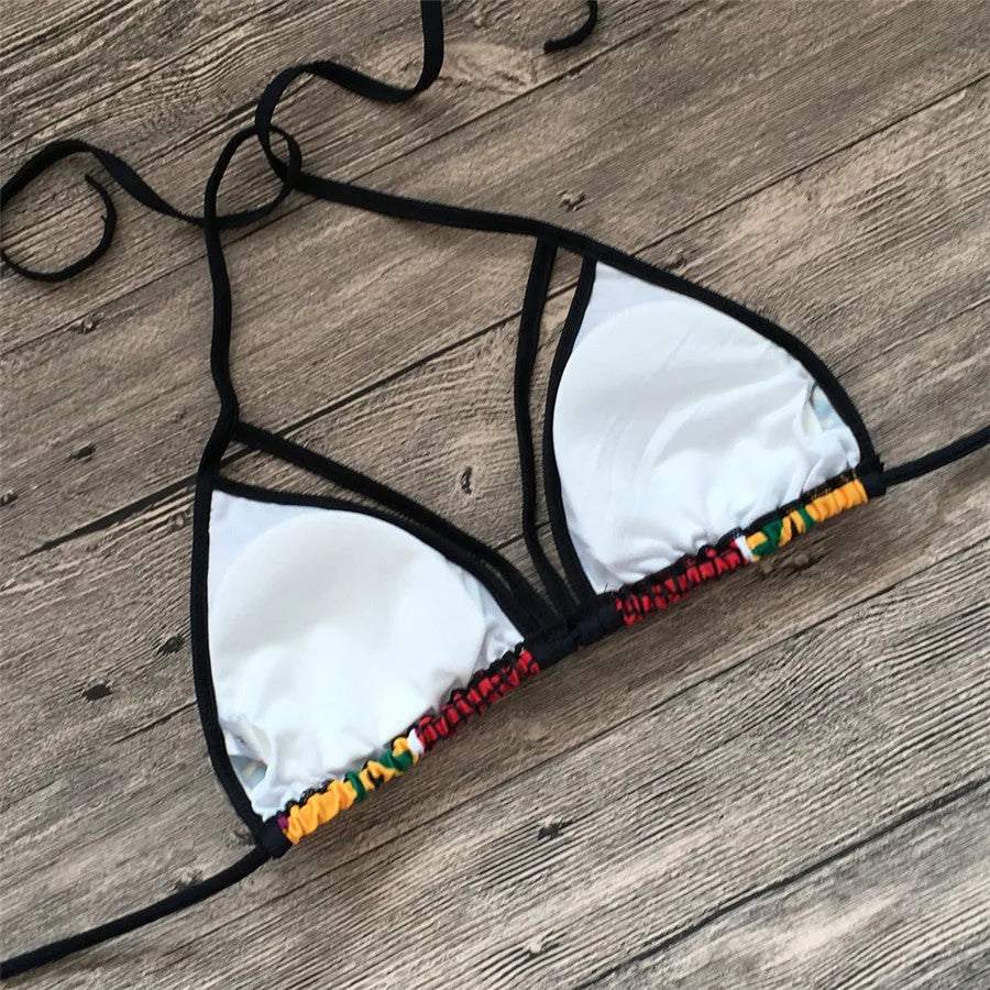 Women's high waist bikini set with digital printing pattern, showing front and back views