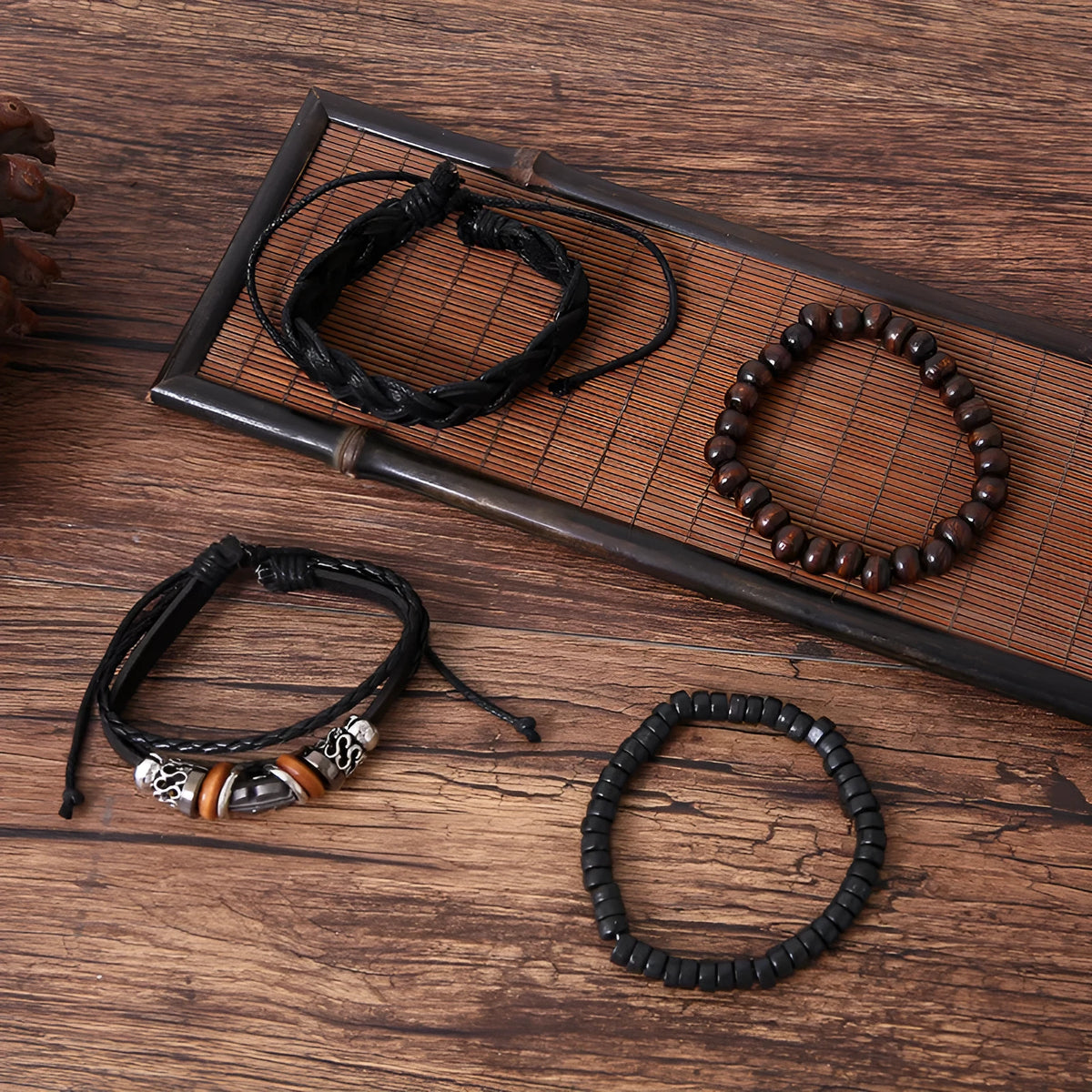 Men's multi-layer leather bracelet set with electroplated alloy and geometric round, oval, polka dot, and line design, unisex accessories set