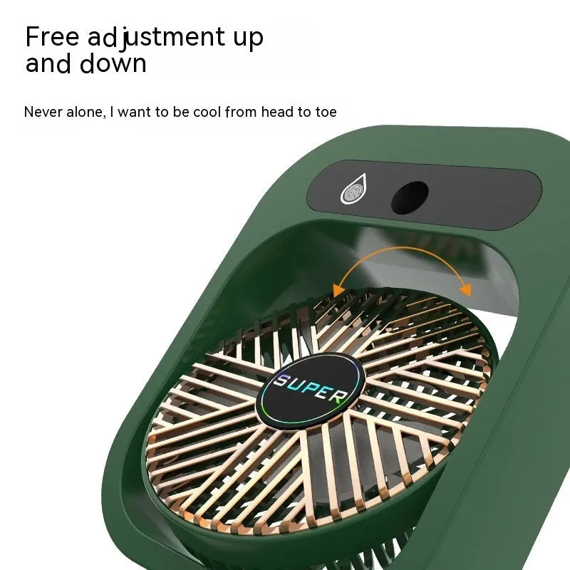 Green and white portable USB misting fan with water tank and adjustable air vent on a desk.