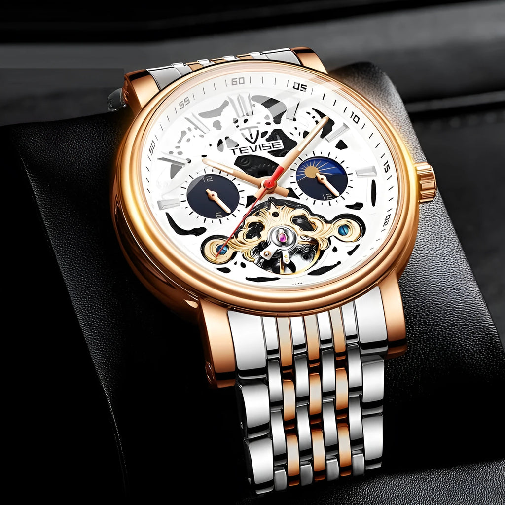Men's mechanical tourbillon watch with luminous hands on leather strap