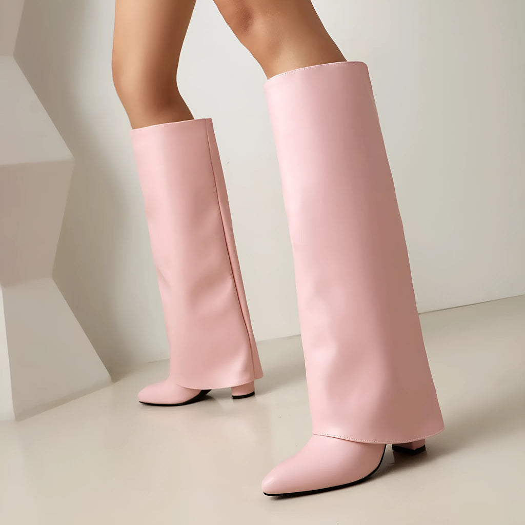 Women's plus size high heel winter boots in black with high cylindrical sock length and sewing line detail