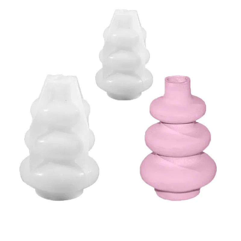 Silicone mould for making three-layer circular vase ornament cakes in modern irregular shape.