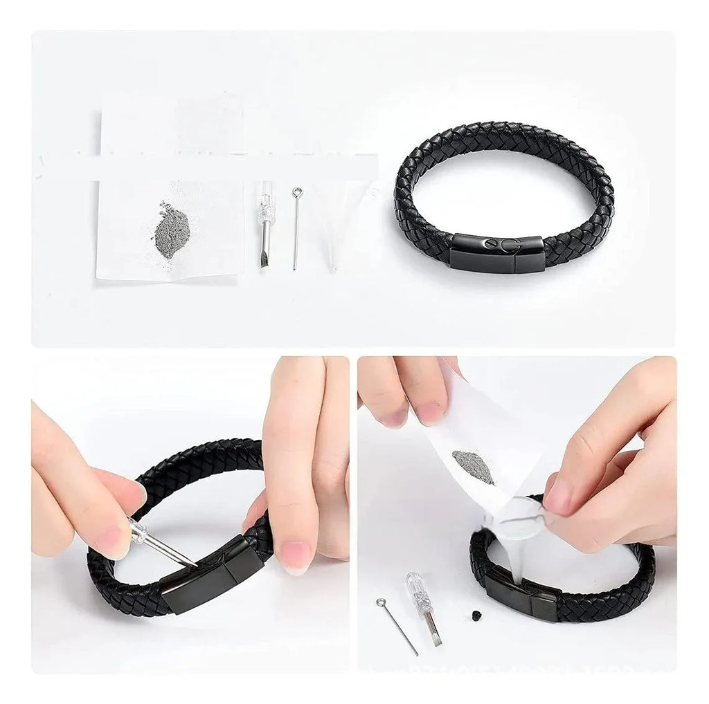 Black stainless steel memorial bracelet with leather weaving and engraved text