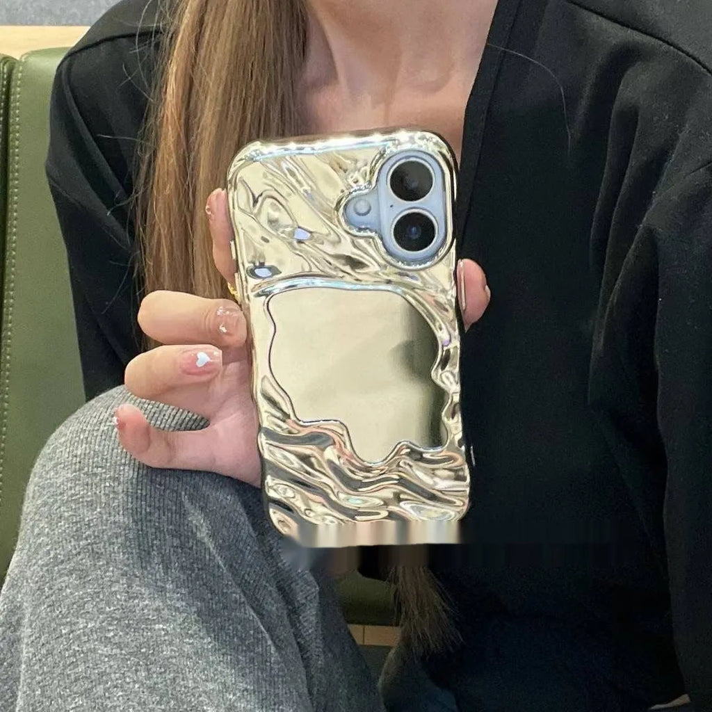 Simple solid colour iPhone case with water ripple texture and a small mirror, shown in beige.