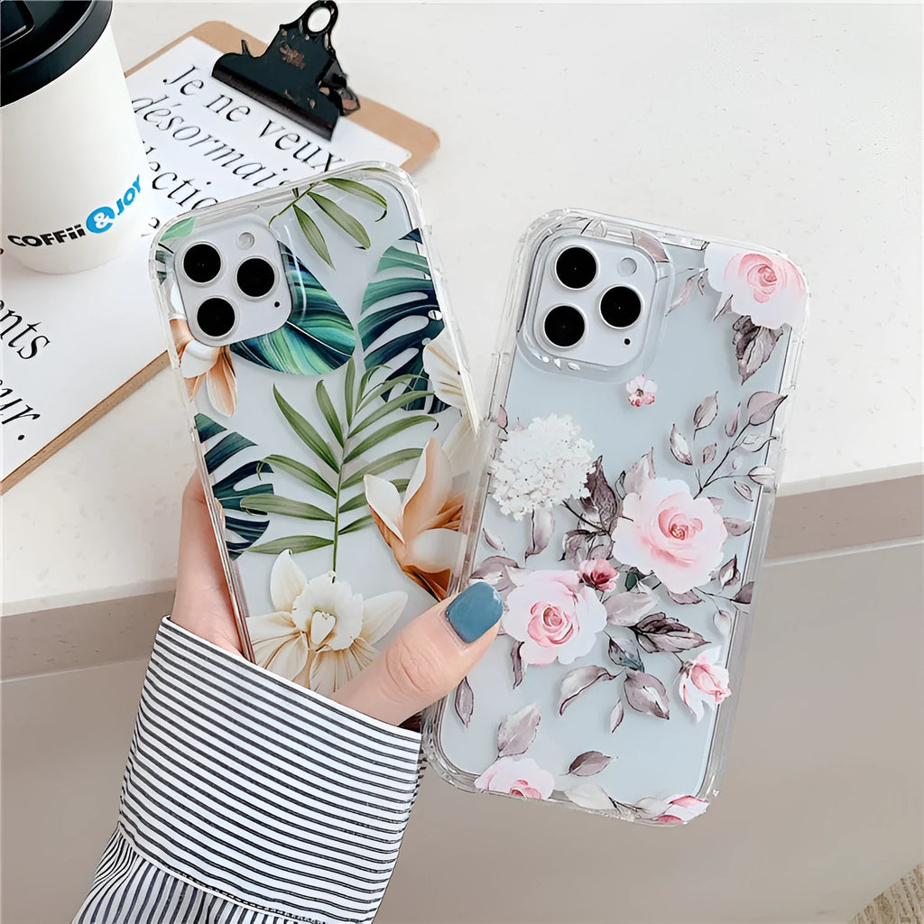 Green leaf flower transparent silicone phone case back cover for iPhone models