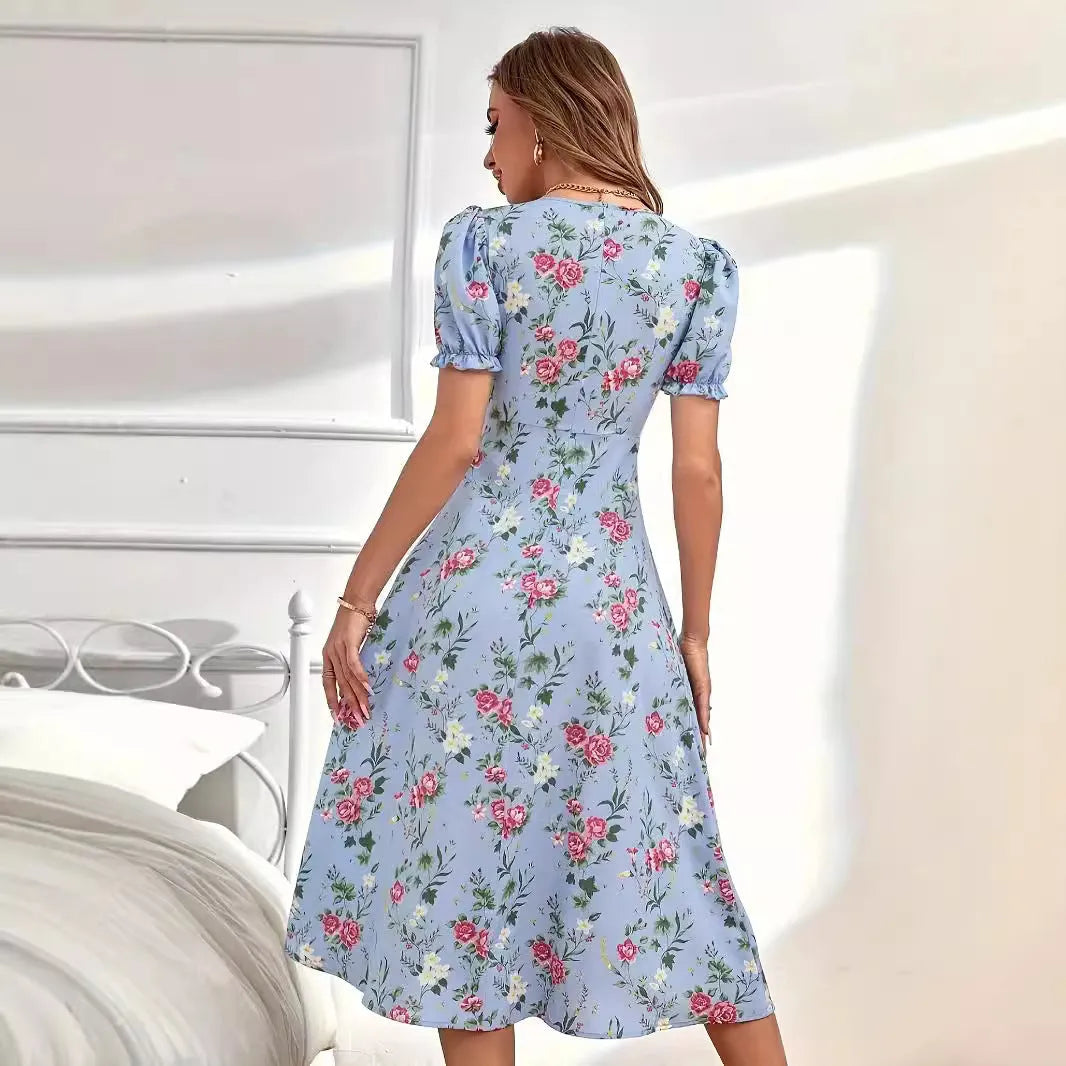 Blue printed bubble short sleeve dress with mid-waist and mid-length skirt for women