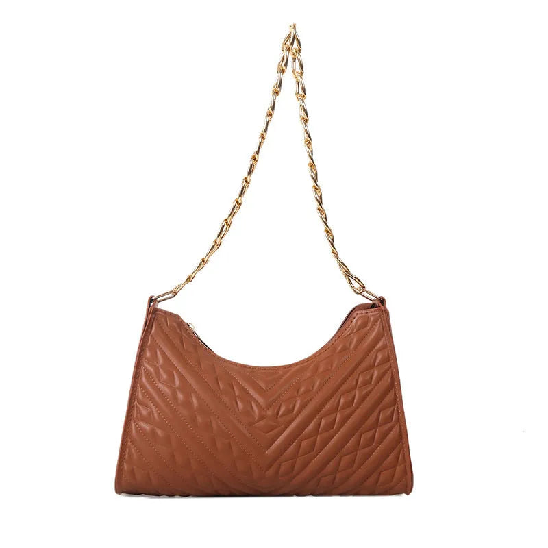 Brown pleated chain shoulder bag with soft handle and adjustable strap showing sewing line detailing