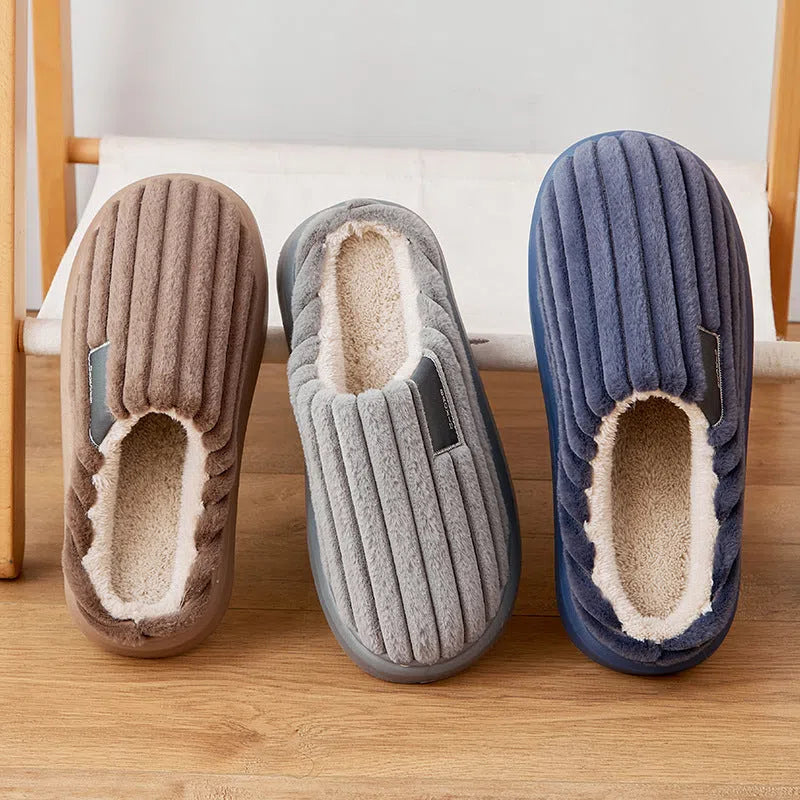 Warm plus-size men's casual slippers with plush upper in striped pattern, available in multiple colours
