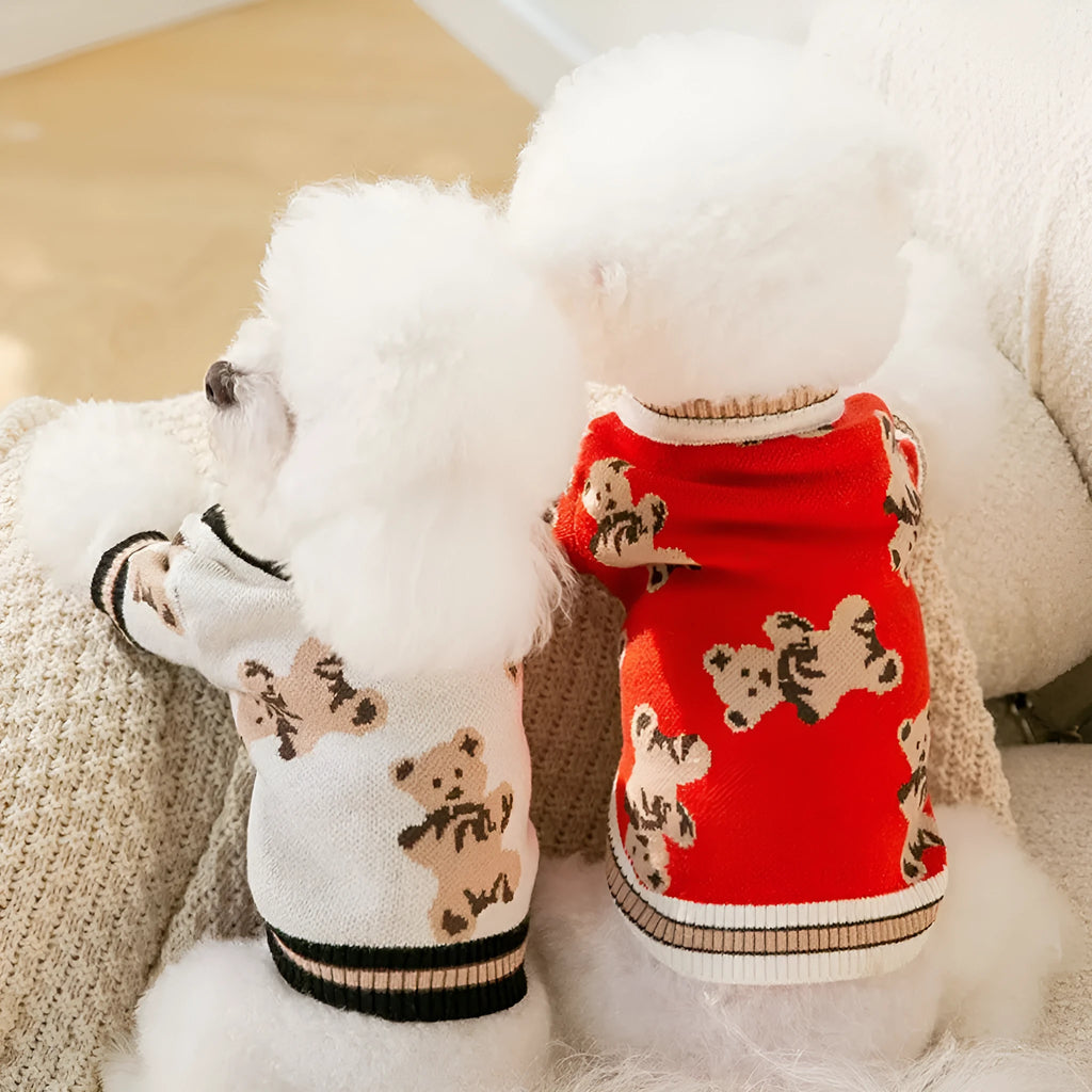 Cute bear pattern two-legged dog sweater in beige for small dogs and cats, sizes XS to XL