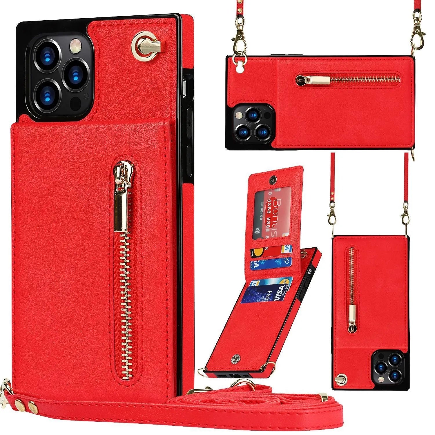 Genuine leather mobile phone case for Samsung and iPhone models in black, green, purple, red, and rose gold colours.