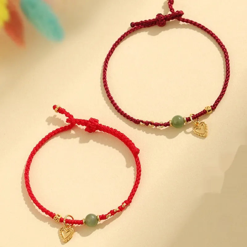 925 silver Hetian jade handmade woven bracelet with red cord strap, women's original design