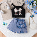 Cotton bow print sling summer suit for girls in blue with matching shorts, pullover style