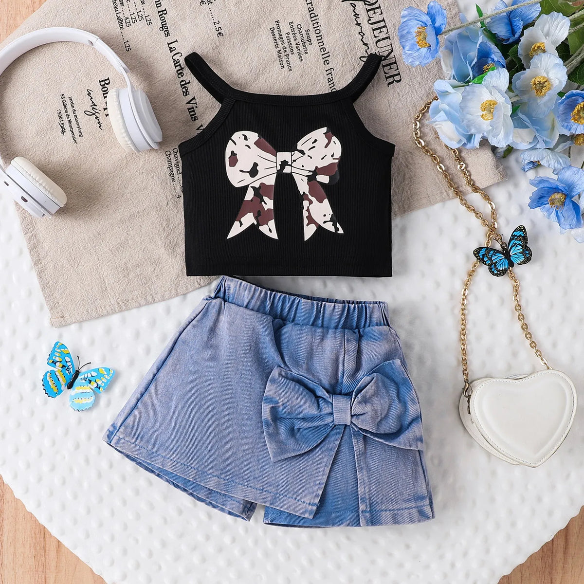 Cotton bow print sling summer suit for girls in blue with matching shorts, pullover style