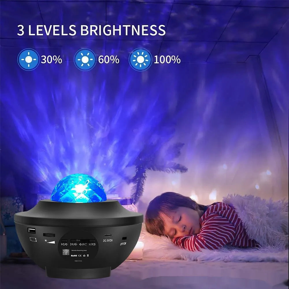 Black parallel style starry sky projection lamp with Bluetooth and remote control on a desktop