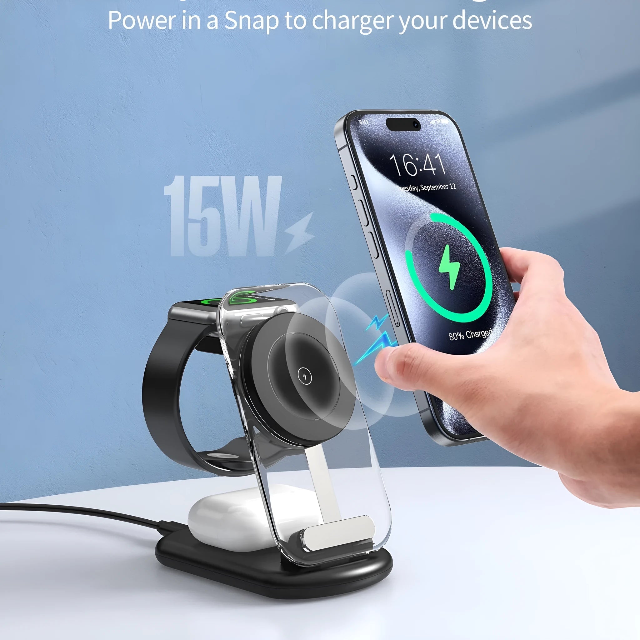 Transparent folding magnetic wireless charger in black colour showing three charging areas