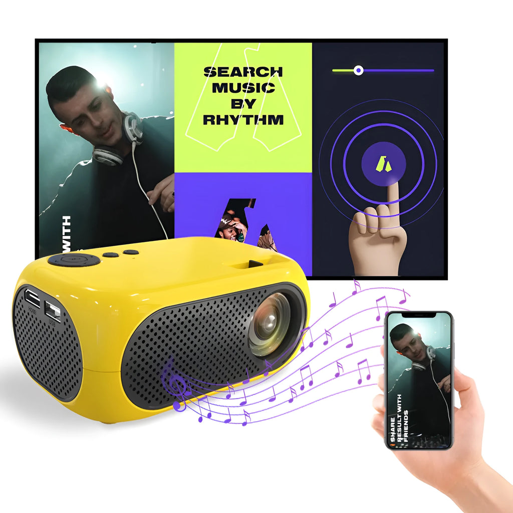 M24 Micro Mini Portable LED Projector in gold and white colours with compact dimensions