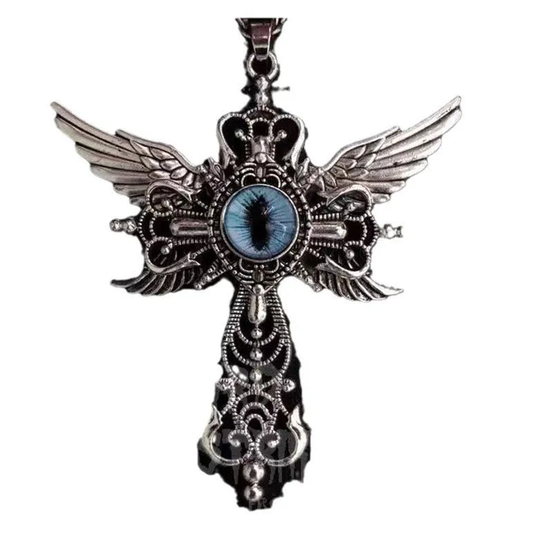 Geometric alloy pendant necklace with cross and devil wings design in blue, green, purple, red, yellow colours.