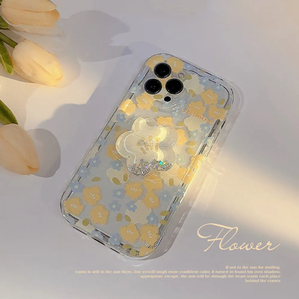 Floral TPU phone case with quicksand bracket for iPhone, transparent painted design in blue and yellow options