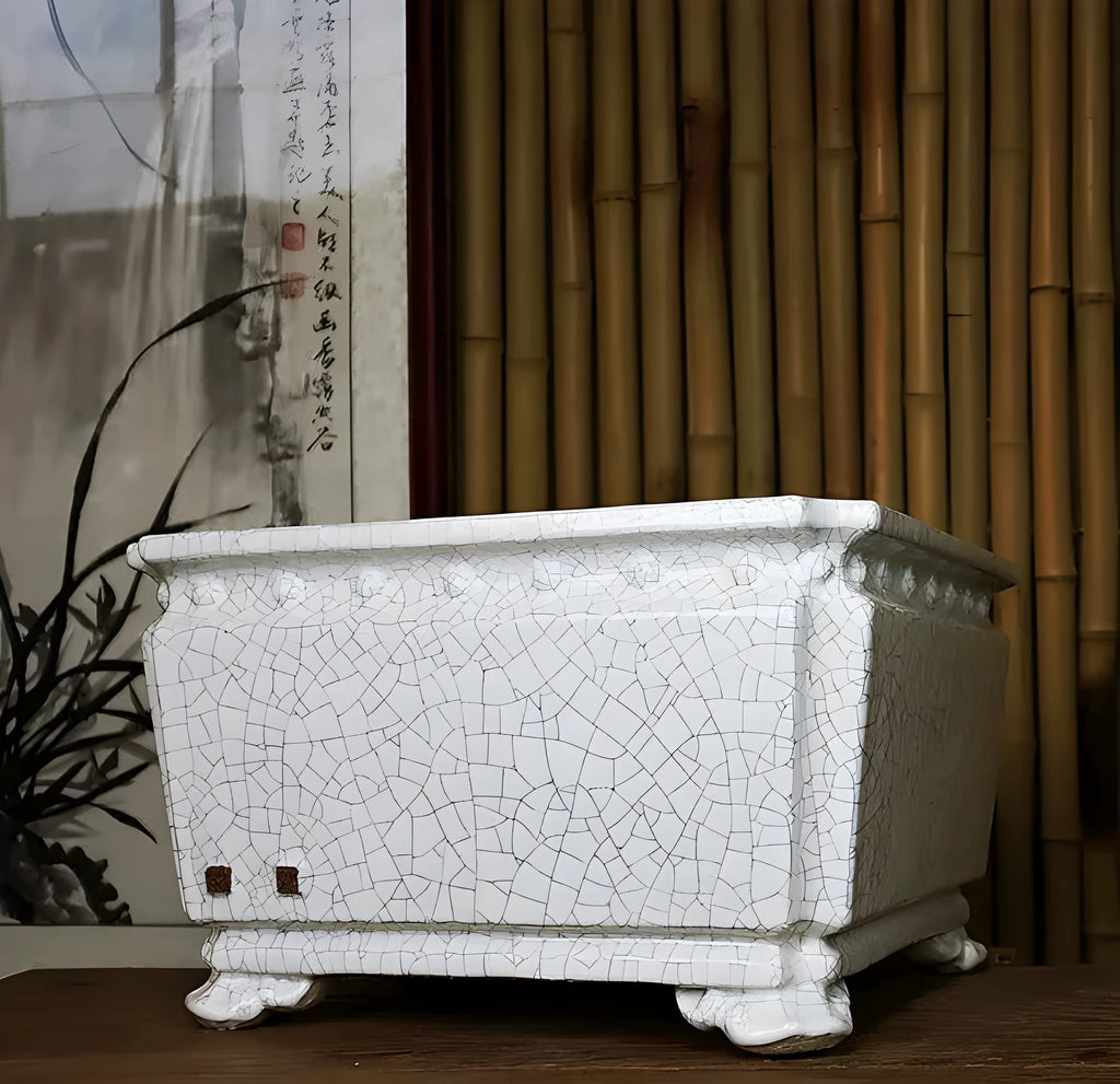 Large handmade ceramic flower pot with crackle glaze surface in dark, light mung bean or white, Chinese style