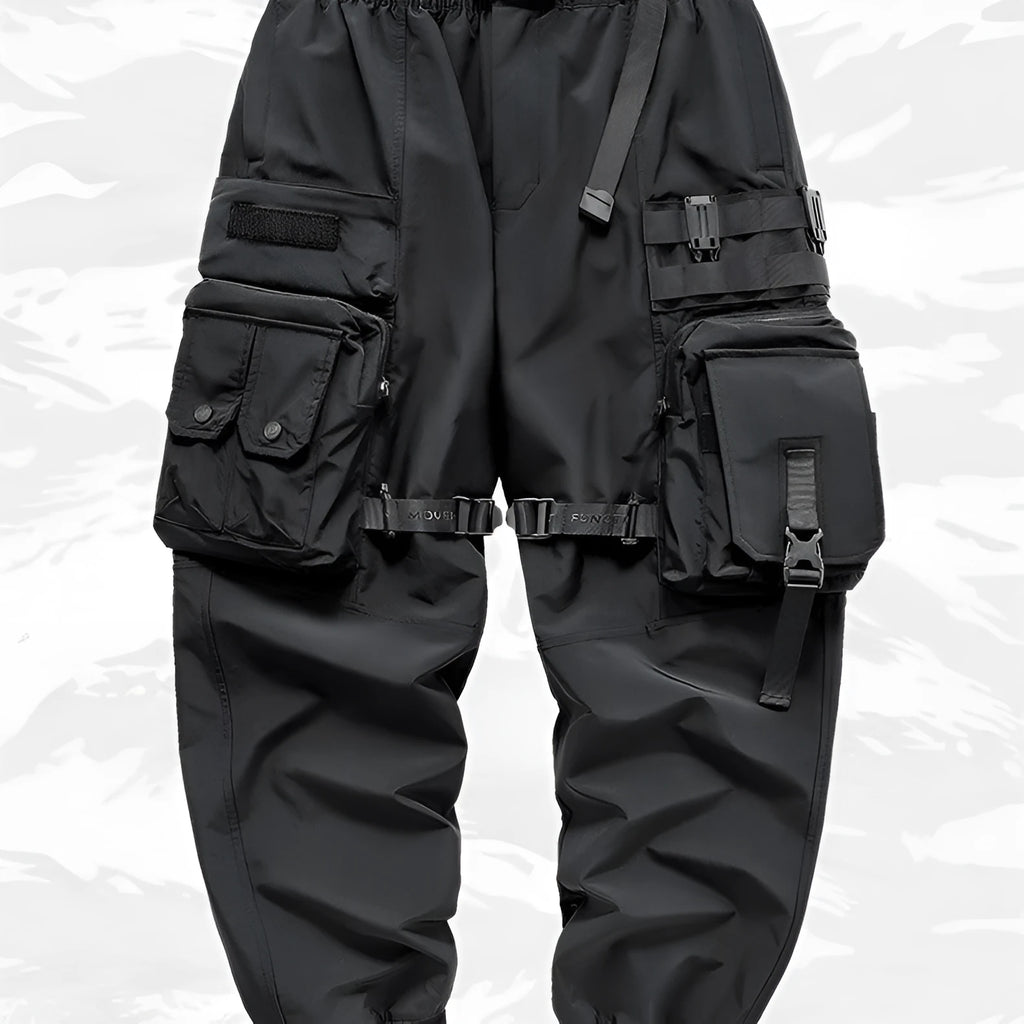 Men's multi pocket cargo pants black polyester loose fit mid waist casual trousers