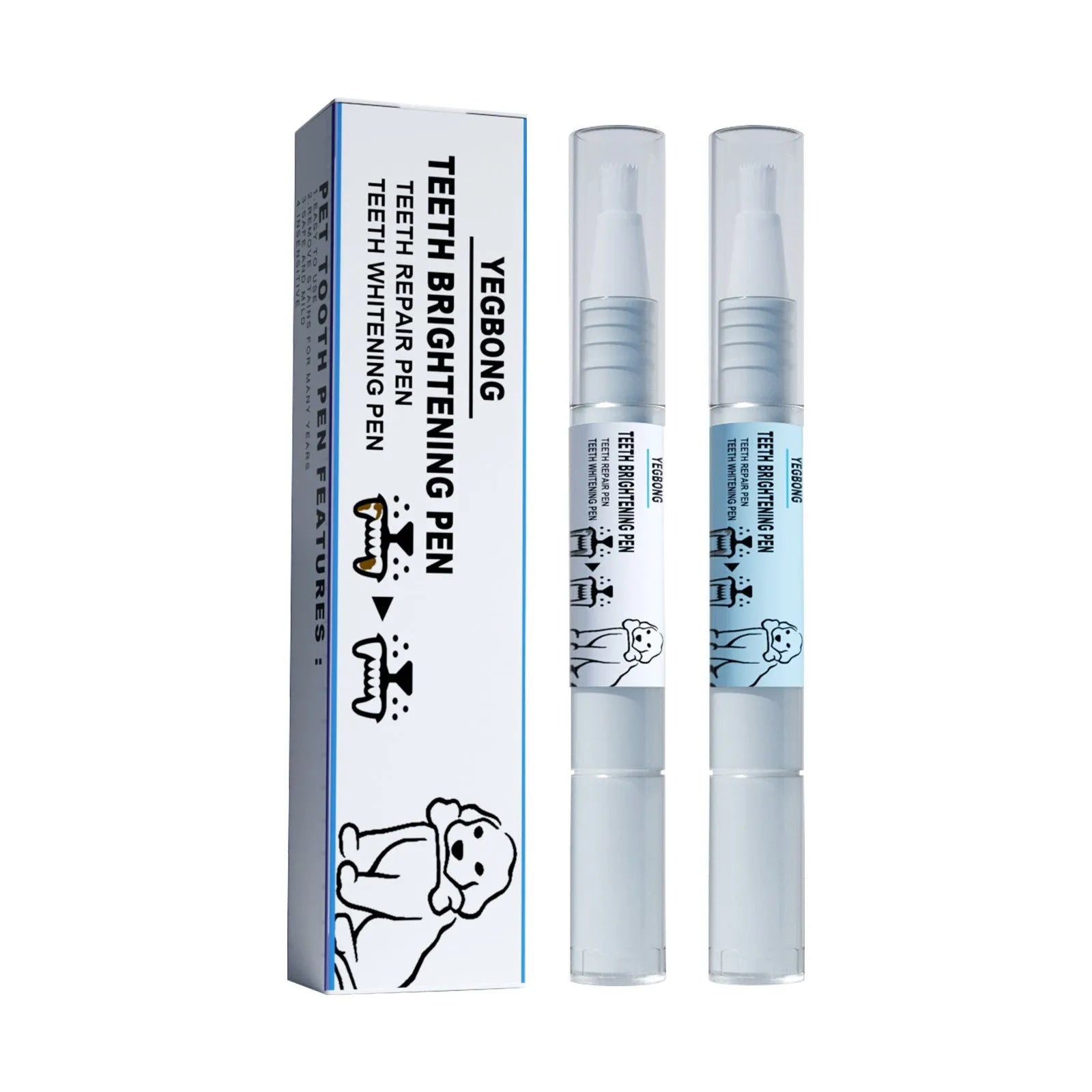 Yegbong pet teeth whitening pen kit with two 3ml pens and two dental brushes.
