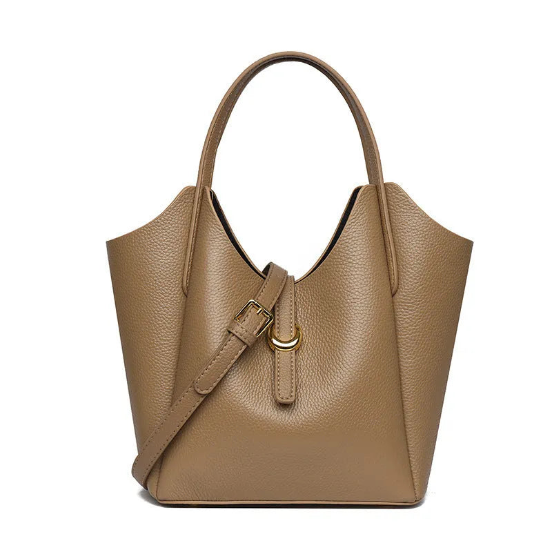 Genuine leather women's large capacity hand holding bucket bag in European retro style