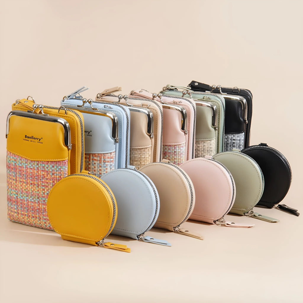 Women's square mini crossbody phone satchel in apricot colour showing front view and adjustable strap.