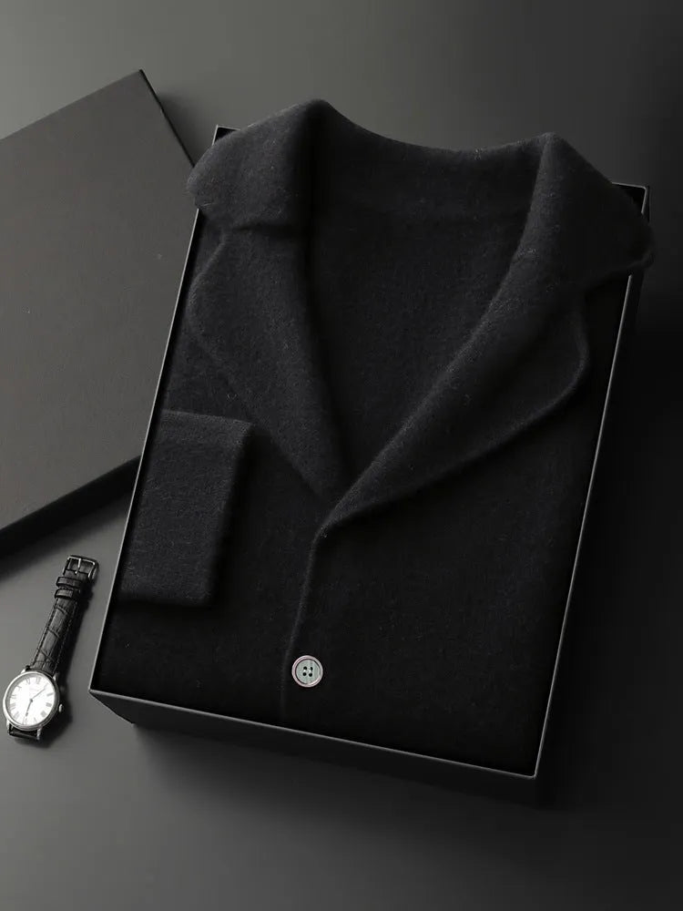 Men's cashmere cardigan jacket in loose fit with thickened knit, shown in light grey colour option