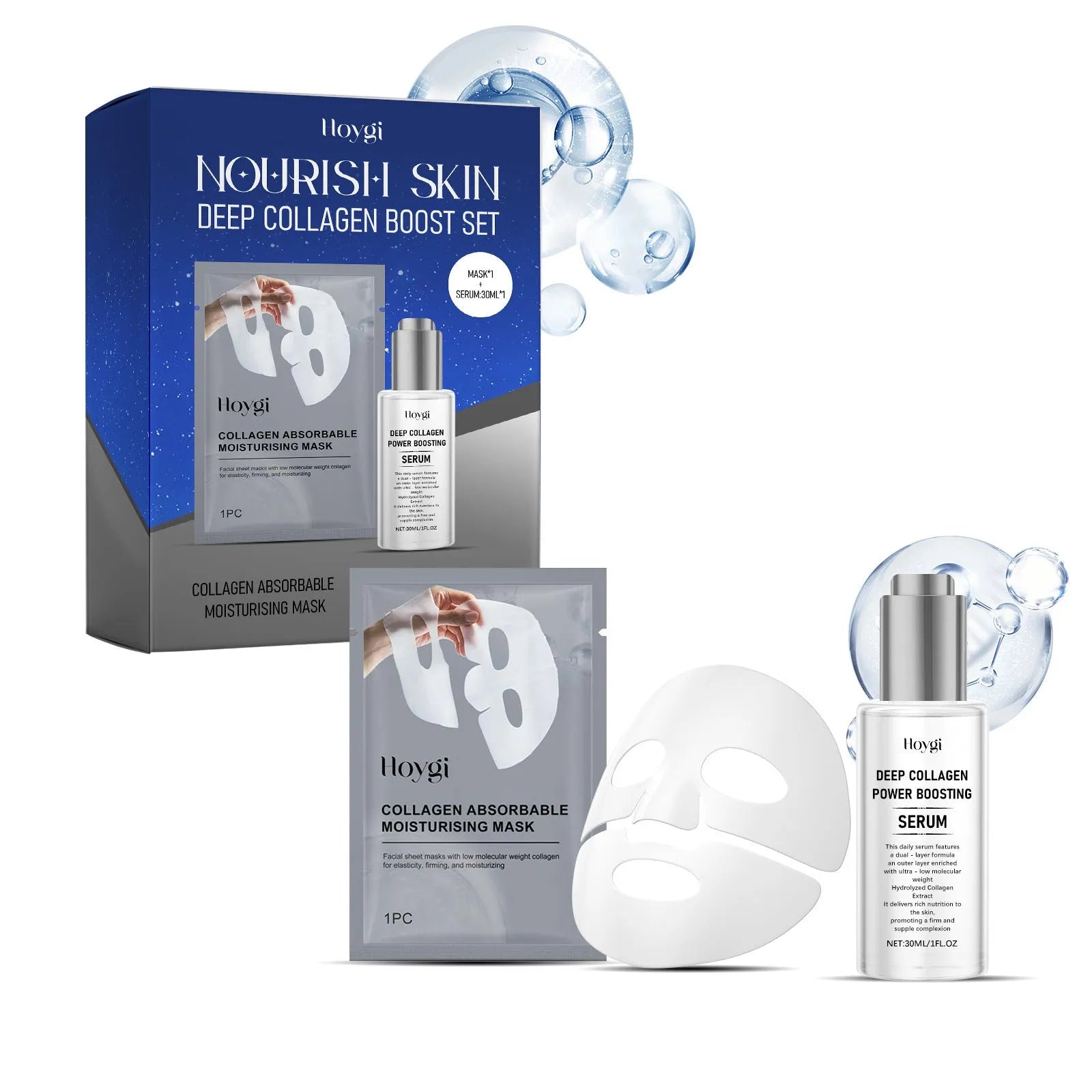 Single collagen facial sheet mask with 30ml moisturising essence bottle