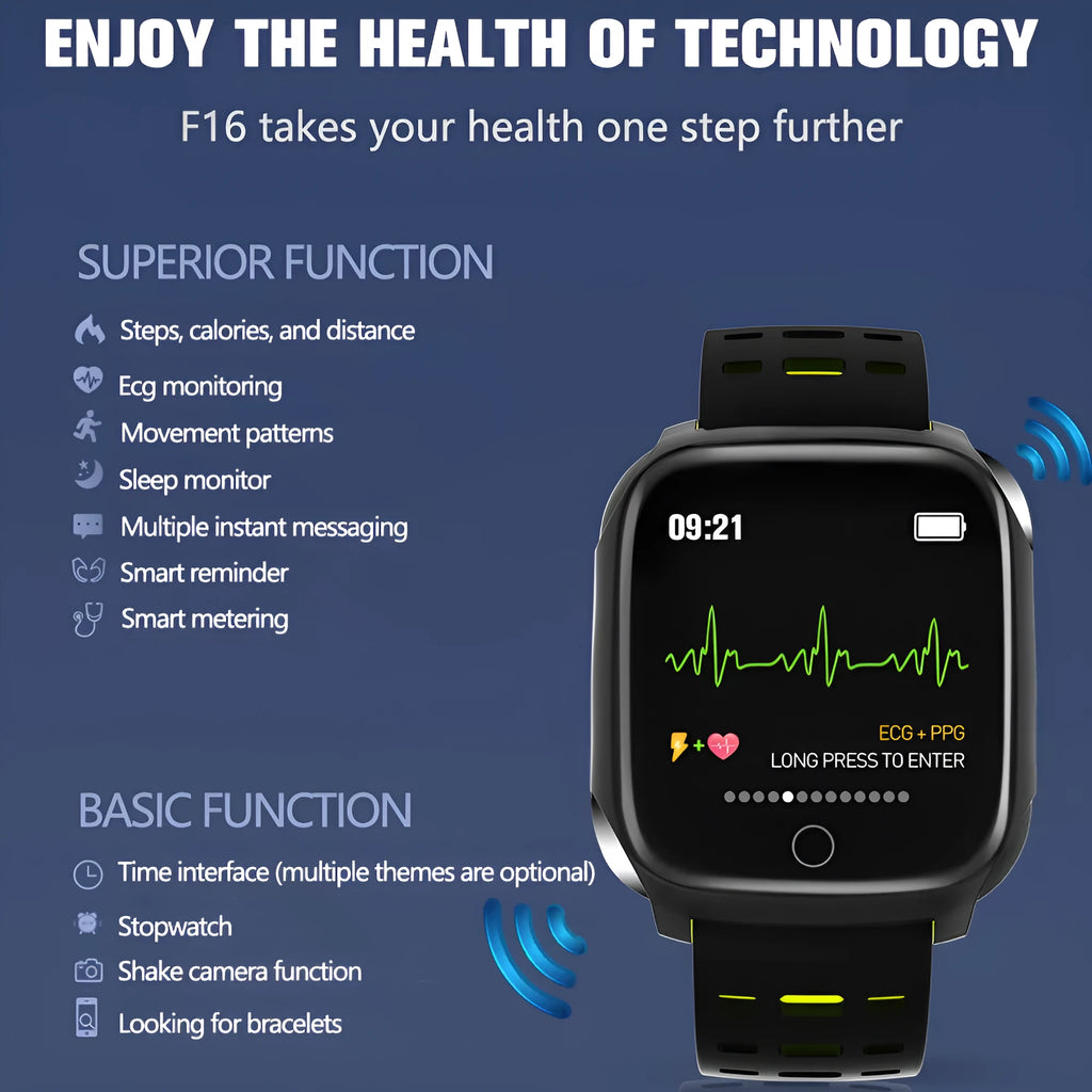 F16 smart watch with ECG monitor on a silicone strap, showing the 43mm IPS display in a black and grey colour option.